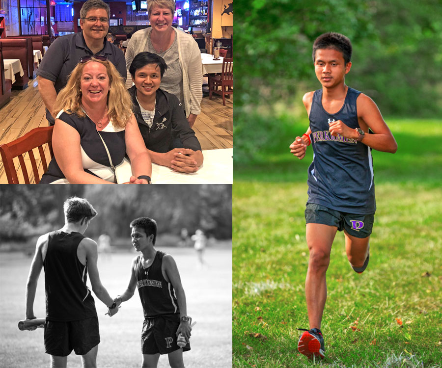 JPA student Sokhoeun ’19 with  Host Family, Mr. and Mrs. Deratzous and Advisor, Mrs. Weirsmith; Cross Country Team; Perkiomen Cross Country Team Captain Congratulating Sokhoeun. Jay Pritzker Academy, Siem Reap, Cambodia. Jay-Pritzker-Academy-Siem-Reap-Cambodia