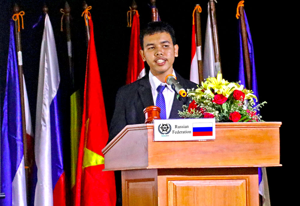 JPA student and JPA MUN Club member Chanminea, best delegate, speaking at the Northbridge International School of Cambodia Model United Nations (NISCMUN) conference. Jay Pritzker Academy, Siem Reap, Cambodia. Jay-Pritzker-Academy-Siem-Reap-Cambodia.